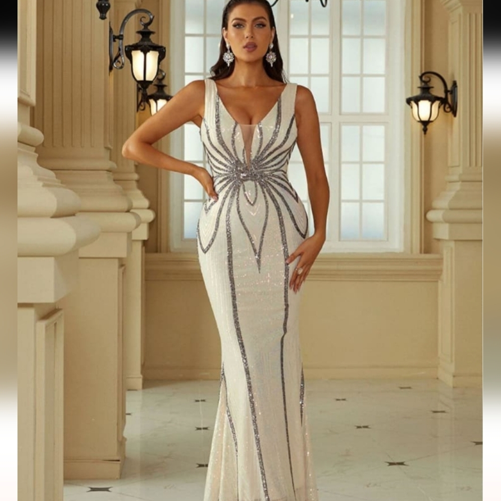 Champagne and Gray,  Striped Print,  V Neck,  Sequined Gown